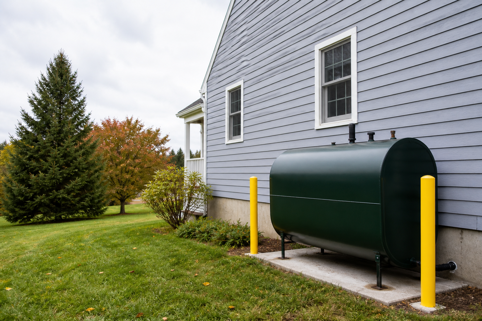 Aboveground heating oil tank beside a New England home